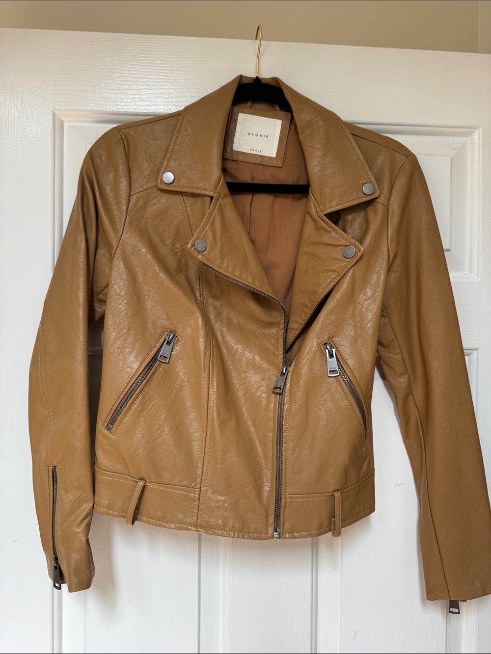 Elodie Caramel Tan Moto-Style Faux Leather Jacket Small